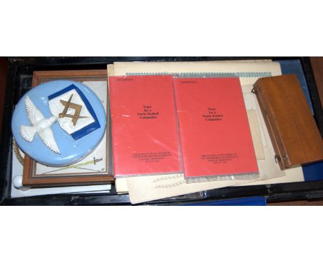 A Masonic tin trunk and contents to include; Note for the Newly Exulted Companion, various certificates and ephemera 