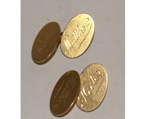 A pair of 18ct gold gents cufflinks, each named 10.7g