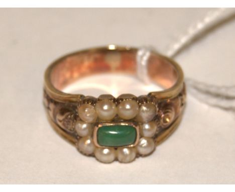 A Victorian yellow metal seed pearl and cabochon jade ? set ring,size O/P