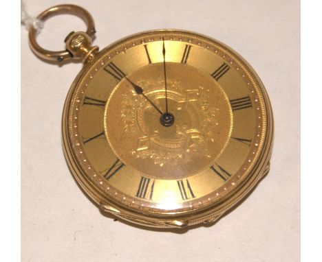 A continental 18ct gold cased open face pocket watch having finely engraved gilded dial, keywind movement, engine turned back