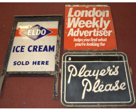 A mid 20th century enamel advertising sign for London Weekly Advertiser, together with one other Players Please and Eldo Ice 