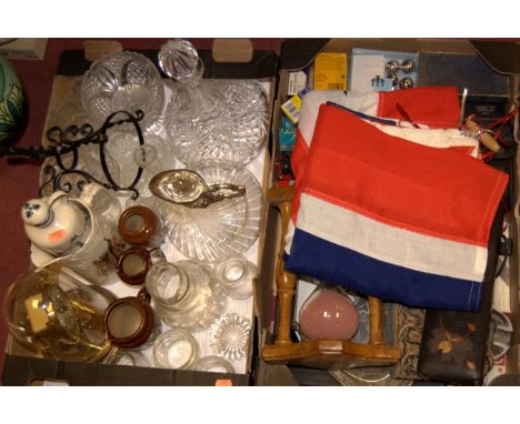 A box of miscellaneous items to include Union flag, lacquered glove box, egg timer, polaroid camera etc
