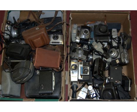 Two boxes of assorted cameras and camera equipment to include; Halina 300, Comet 5, Rolls Automatic 8, Colonel etc 