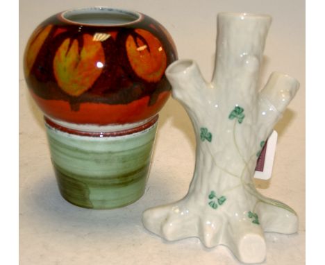 A Poole Pottery Delphis vase, of squat circular and tapering form, printed mark verso, h.15cm; together with a modern Belleek