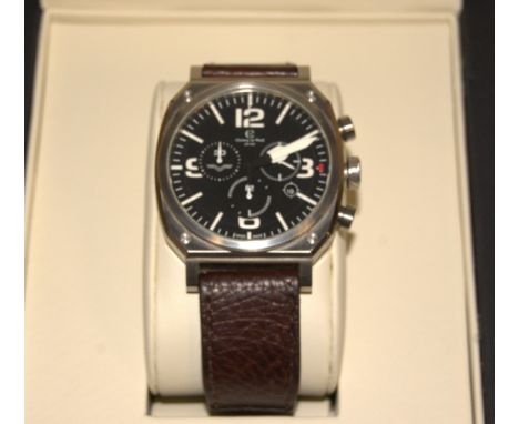 A gents Christopher Ward steel cased chronograph wristwatch, having signed black dial with Arabic numerals and baton markers,