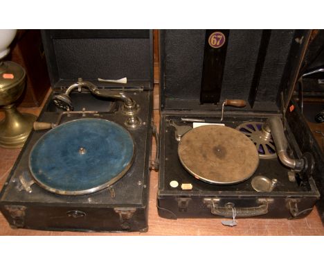 An early 20th century Coronet leather clad portable wind-up gramophone together with one other (2) 