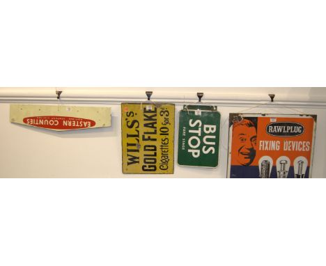 Three various mid-20th century enamel advertising signs to include; Rawlplug Fixing Devices, Will's Gold Flake cigarettes, Ea