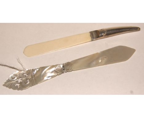 A late Victorian ivory and silver mounted paper knife by Levi & Salaman of Birmingham 1891 together with one other mother of 