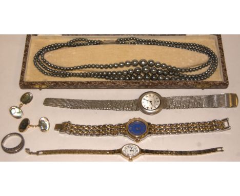 A small collection of assorted costume and other jewellery to include a pair of gents gilt metal and abalone shell cufflinks,