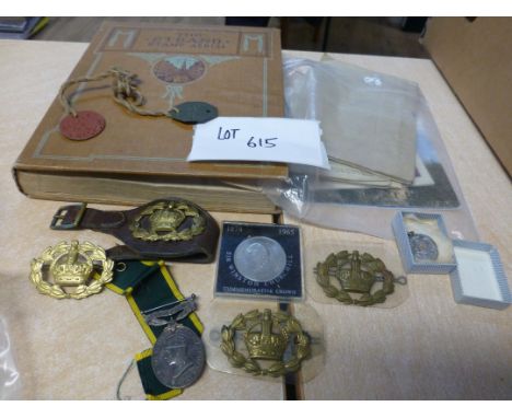 Collectables : Military items incl Territorial Army medal plus badges, ephemera and stamp album, interesting items.