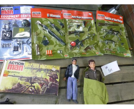 Die-cast : Action Man collectables incl doll, mission pod, clothing, weapons etc and several weapons etc still on original sh