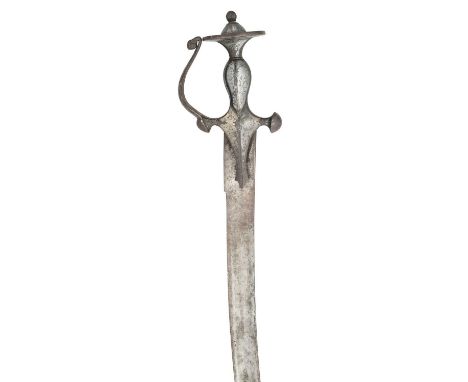 AN INDIAN SWORD (TALWAR), 19TH CENTURY with curved single-edged blade (small edge nicks, light surface rust), iron hilt of ch