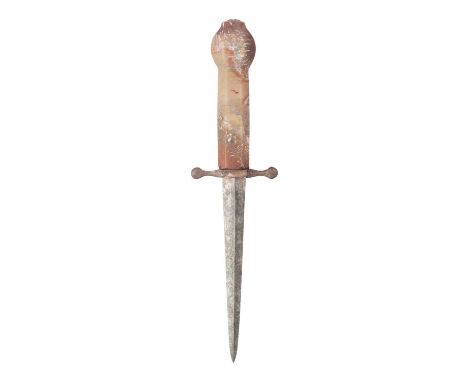 AN AGATE-HILTED DIRK, 19TH CENTURY with tapering blade of hollow-diamond section, iron cross-guard with moulded terminals, fa