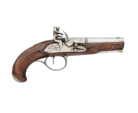 ‡ AN 80 BORE GERMAN FLINTLOCK TRAVELLING PISTOL, CIRCA 1770 with sighted barrel formed in two stages, octagonal breech, flat 