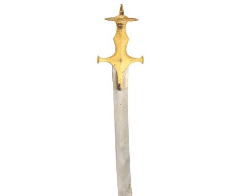 AN INDIAN SWORD (TALWAR), 19TH CENTURY AND LATER with curved single-edged heavy blade formed of numerous chevron sections and