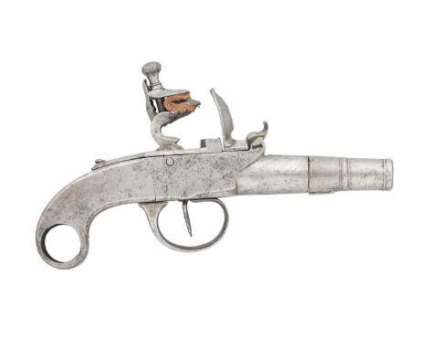 A 60 BORE CONTINENTAL FLINTLOCK POCKET PISTOL FORMED ENTIRELY OF STEEL, CIRCA 1800, PROBABLY BELGIAN with turn-off barrel cut