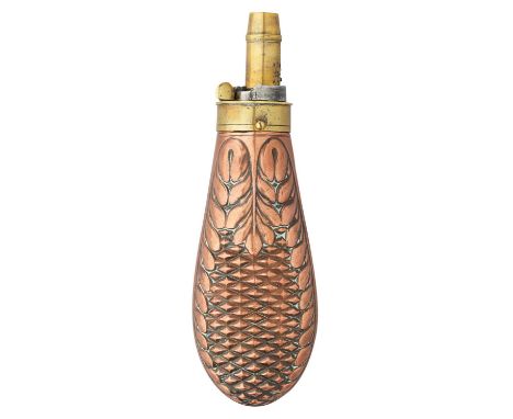 ‡ □ A COPPER POWDER-FLASK, EARLY 19TH CENTURY PROBABLY FRENCH with embossed copper body decorated with a pineapple panel with