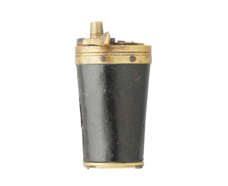 ‡ A THREE-WAY POWDER-FLASK FOR A POCKET PISTOL, CIRCA 1820 with copper alloy body covered with black leather, a sliding cover