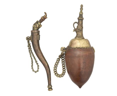 A SOUTH INDIAN FLASK, POSSIBLY MALABAR 19TH CENTURY AND AN INDIAN POWDER FLASK, 19TH/20TH CENTURY the first with turned woode