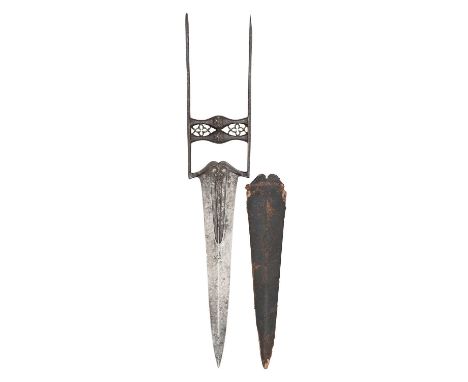 AN INDIAN DAGGER (KATAR), LATE 17TH CENTURY, PROBABLY CENTRAL INDIA with tapering blade of diamond-section, formed with a rec