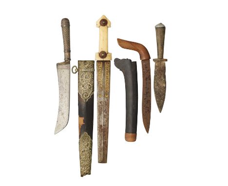 ◉ A RARE PERSIAN DAGGER (QAMA), 19TH CENTURY AND THREE FURTHER DAGGERS the first with tapering double-edged blade of crucible