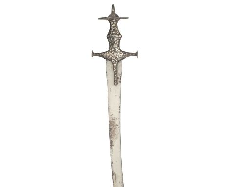 AN INDIAN SWORD (TALWAR), 19TH CENTURY with curved single-edged blade struck with a series of marks at the forte, iron hilt d