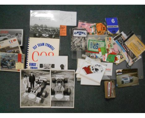 BOOKS: RACING EPHEMERA: A plastic Porsche Danone folder with race admission tickets, stickers, an Elf Tyrell press pack 1978 
