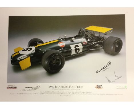 A limited edition pencil signed lithograph print depicting a 1969 Brabham ford BT26 numbered 33 / 300 bearing two inked signa