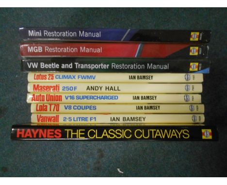 BOOKS: BAMSEY, I:  Lotus 25 A Technical Appraisal 1990, plus 4 others, plus 4 Haynes Restoration Manual plus 1 other, all pub
