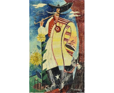 ***A. E. Halliwell (1905-1987) - Oil painting - Standing figure with broad brimmed hat smoking a pipe, signed and dated '49, 