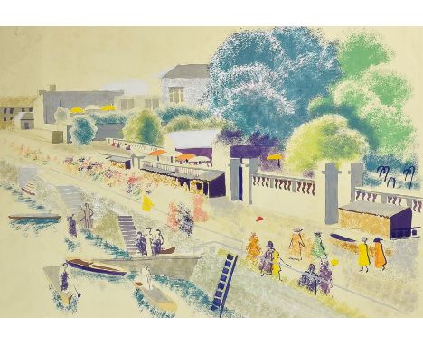 ***20th Century British School, Possibly A. E. Halliwell (1905-1987) - Pencil and Gouache - Figures beside a canal, with rowi