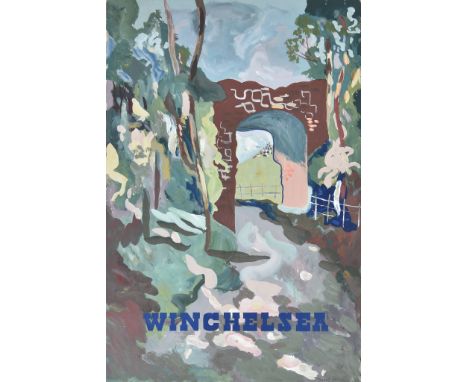 ***June K. Warne (20th Century) - Gouache - Poster - "Winchelsea", signed , circa 1950s, 15ins x 10ins