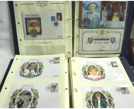 Royal Family coin cover album with six £5 coin covers and others, and a Dinana Commonwealth album (2). P&amp;P Group 1 (£14+V