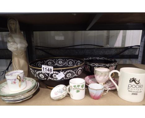 Shelf of mixed ceramics including Shelley bowl, D: 18 cm, with damages. Not available for in-house P&amp;P, contact Paul O'He