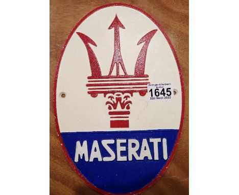 Cast iron Maserati wall plaque 20 x 30 cm. P&amp;P Group 2 (£18+VAT for the first lot and £3+VAT for subsequent lots) 