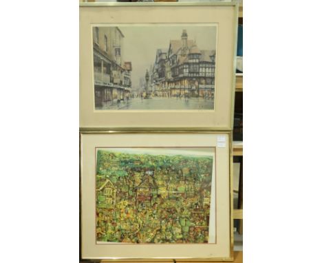 Two framed prints one of Chester by R Riell. Not available for in-house P&amp;P, contact Paul O'Hea at Mailboxes on 01925 659