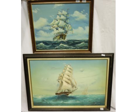 Ambrose (20th century); oil on canvas masted clipper in rough seas, 60 x 50 cm and a 20th century oil on canvas, seascape wit