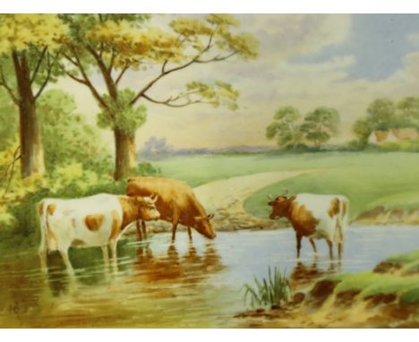 19th century painted ceramic tile, Cows, 17 x 21 cm. P&amp;P Group 3 (£25+VAT for the first lot and £5+VAT for subsequent lot