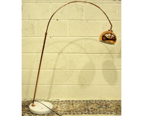 Large copper lamp on a circular marble base, H: 130 cm. Not available for in-house P&amp;P, contact Paul O'Hea at Mailboxes o