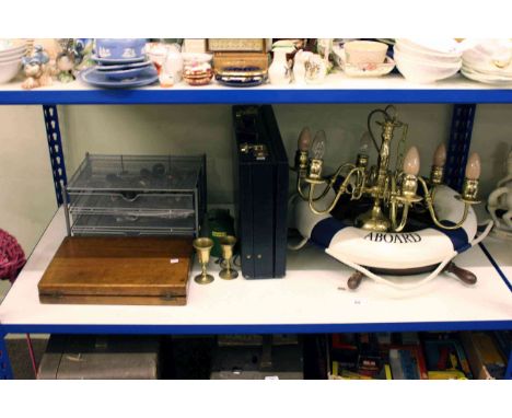 Canteen of cutlery, various cutlery, ships wheel, life belt, briefcase, oil can, light fitting and two brass goblets
