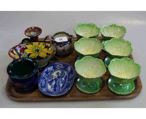 Maling sundae dishes and planter, small Wedgwood fallow deer, Cauldon chamber candlestick with match striker, etc