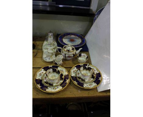 Coalport tea for two with flowers, blue and gilt decoration, Limoges cabaret set and Royal Worcester calendar plate