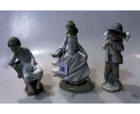 Two Lladro and one Nao figurines including Shepherd Boy, Dancing Lady and Young Boy Thinking