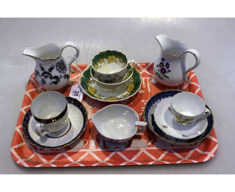 Tray lot with antique cups and saucers, and jugs (Meissen and Rockingham)