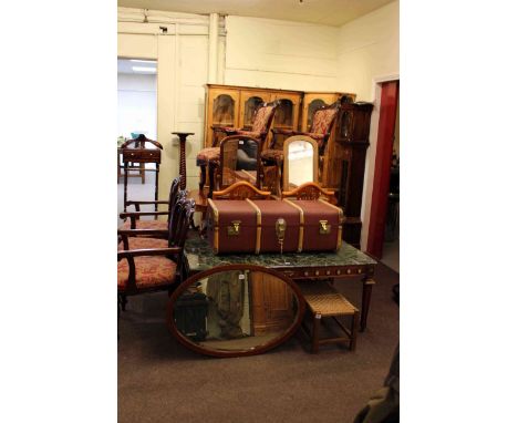 Two toilet mirrors, stool, wood bound trunk and oval framed wall mirror (5)