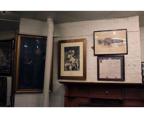 Framed indenture, military print, gilt framed coloured portrait print and black and white print 'Out of Reach' (4)