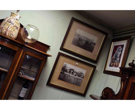 Pair oak framed hunting photographs, hunting print, Christmas greeting cards and Huntsmen of our Time volume