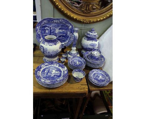 Collection of thirty eight pieces of Spode Italian blue and white, including vases, candlestick, plates, etc