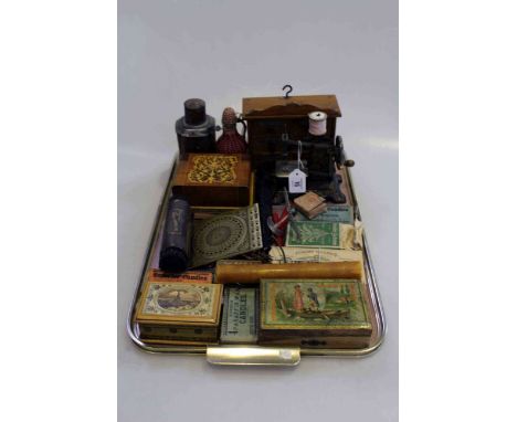 Tray lot of collectables including German tinplate toy sewing machine, small spice drawers, etc