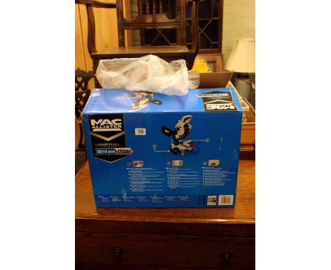 As new Macallister 210mm compound mitre saw, cantilever tool box and tools